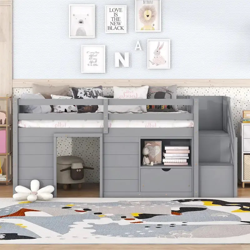 LETTO SINGOLO, LETTO A CASTELLO BASSO SINGOLO IN LEGNO MASSELLO CON SCALA, CASSETTO E SCAFFALE DI COLORE GRIGIO