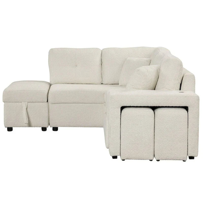 Divano componibile con letto estraibile e pouf contenitore, divano letto convertibile per soggiorno