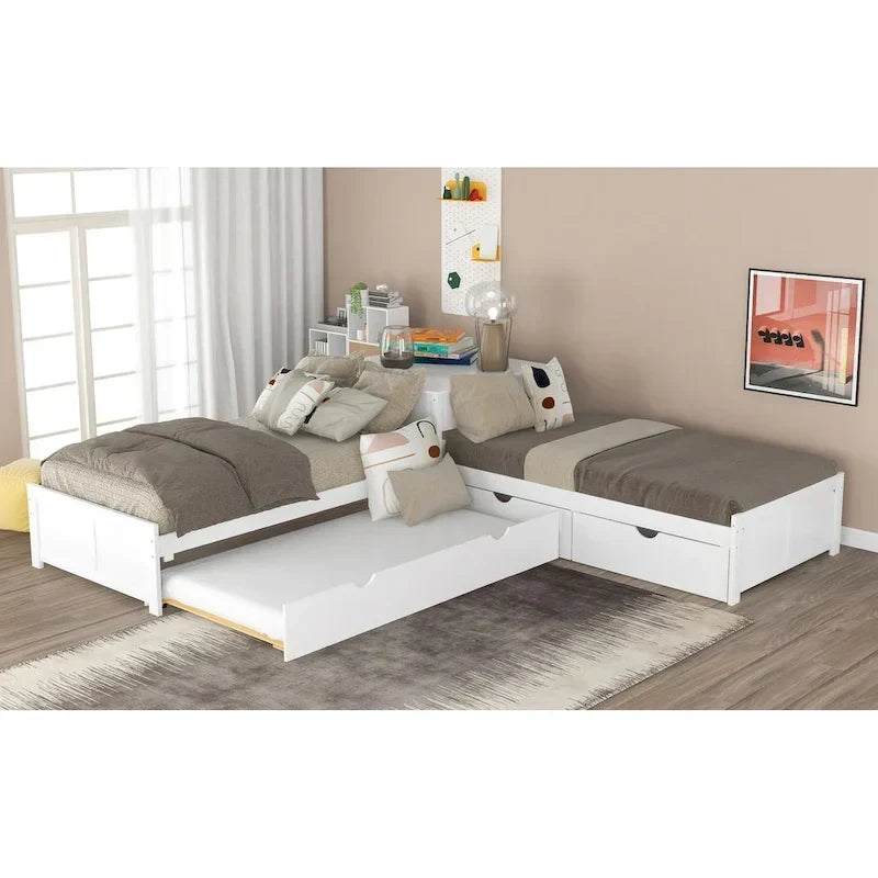 Letto a piattaforma a L moderno bianco per cameretta, dimensioni singole, con letto estraibile e cassetti