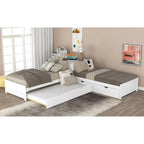 Letto a piattaforma a L moderno bianco per cameretta, dimensioni singole, con letto estraibile e cassetti