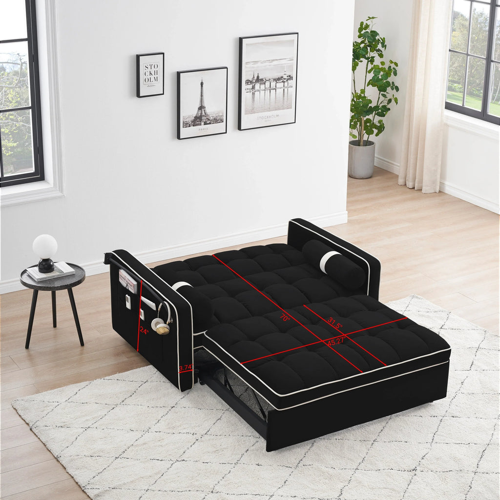 Divano letto trasformabile a 2 posti in velluto da 140 cm con letto estraibile, reclinabile, tasche laterali e supporto per telefono