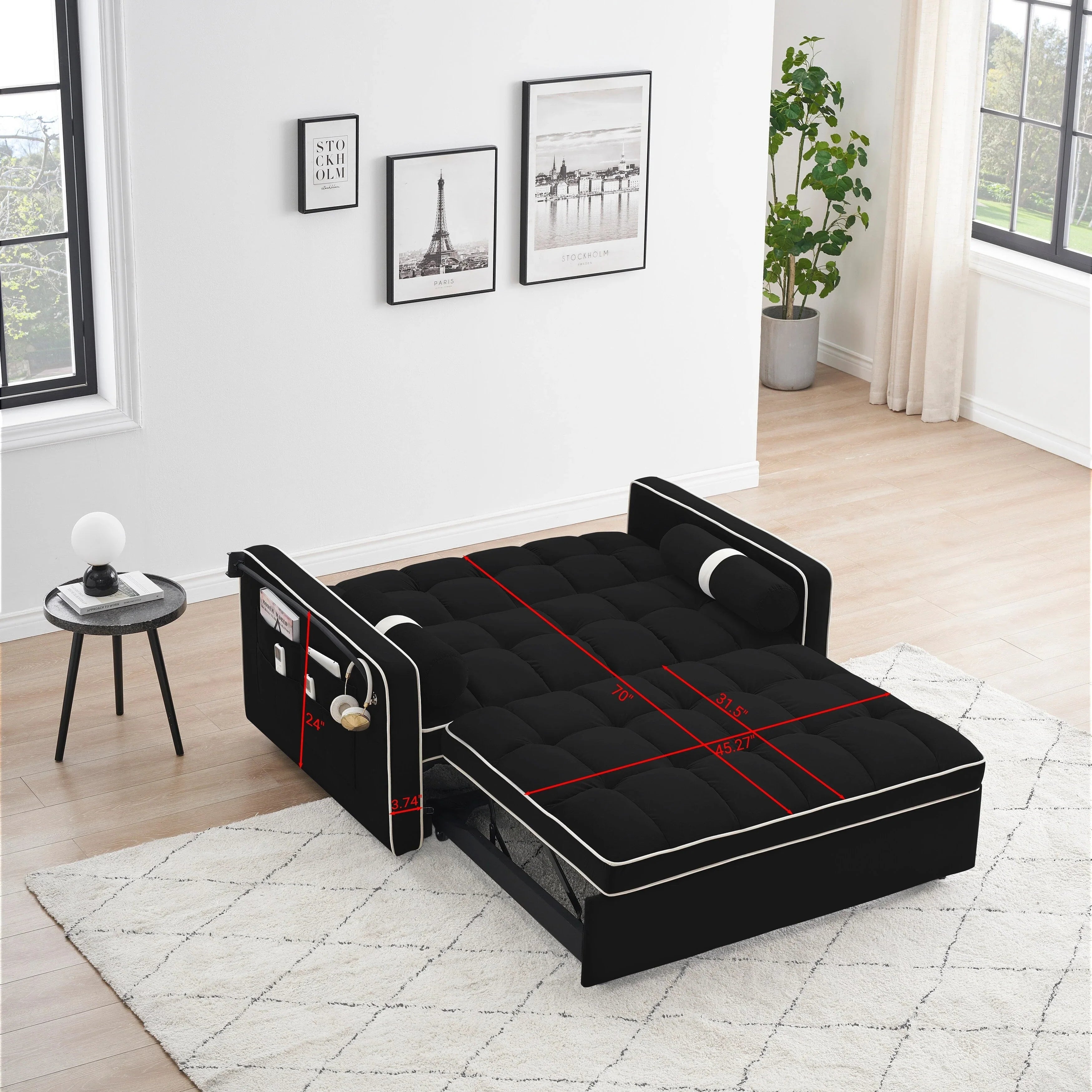 Divano letto trasformabile a 2 posti in velluto da 140 cm con letto estraibile, reclinabile, tasche laterali e supporto per telefono