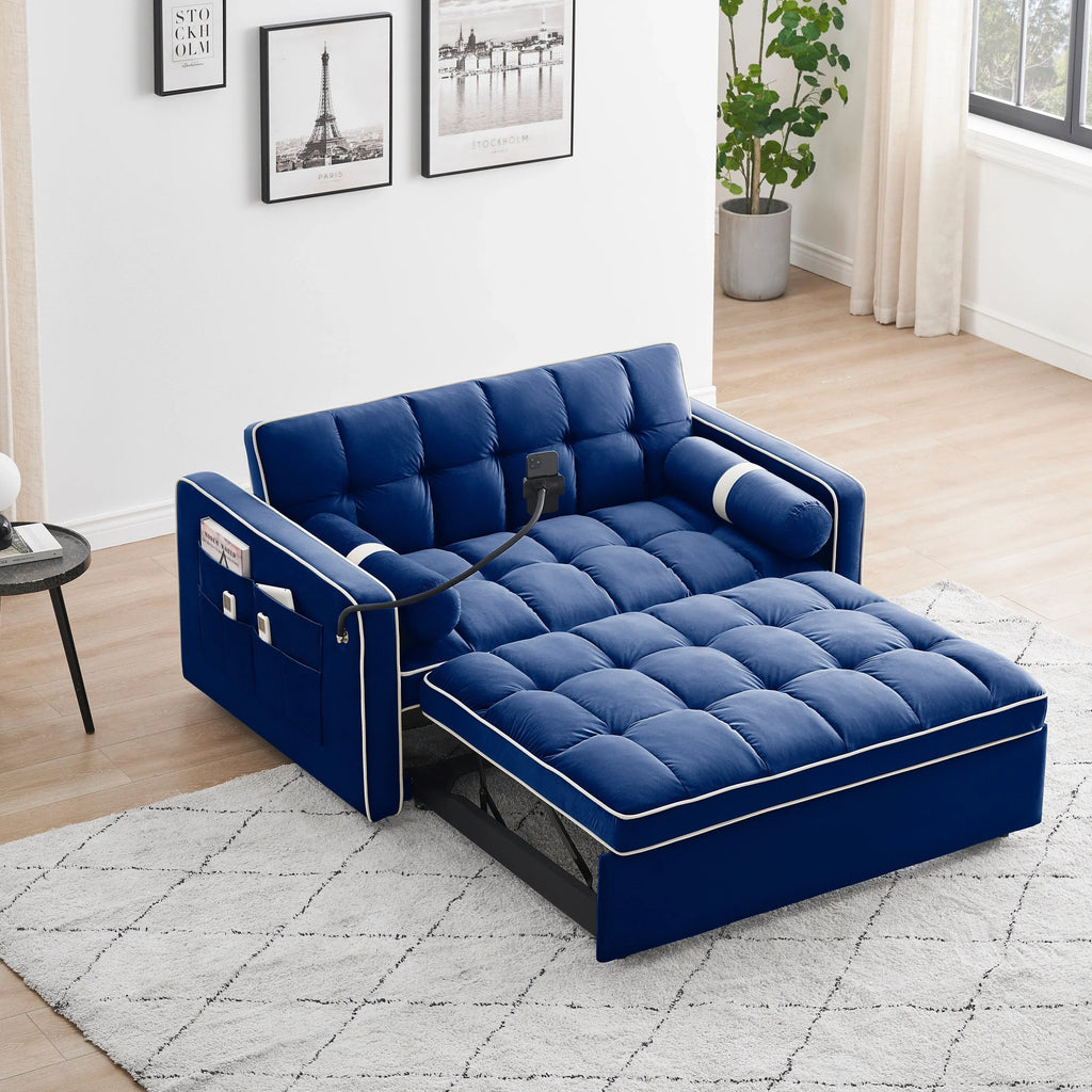 Divano letto trasformabile a 2 posti in velluto da 140 cm con letto estraibile, reclinabile, tasche laterali e supporto per telefono