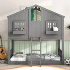 Letto a castello a casetta singolo su singolo con tetto, finestra, fioriera, porta, con sponde di sicurezza e scaletta, Grigio