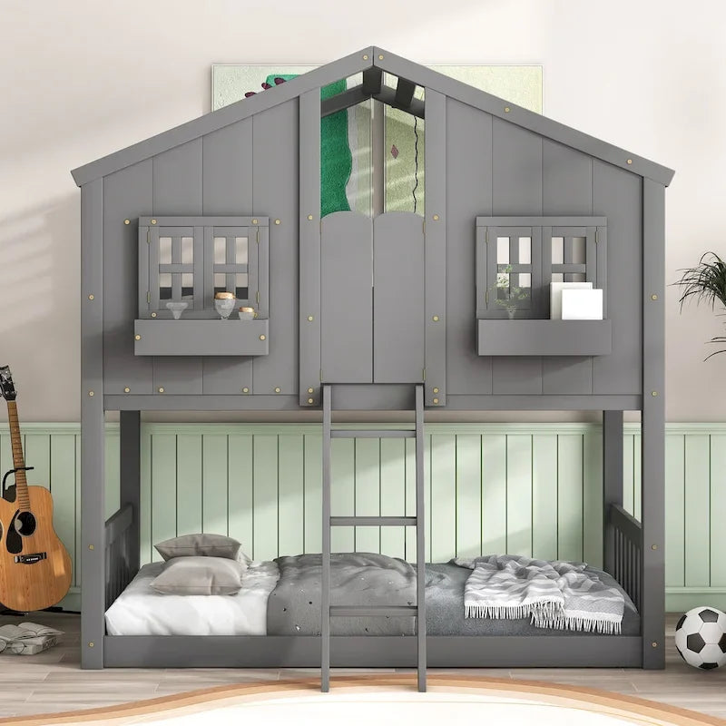 Letto a castello a casetta singolo su singolo con tetto, finestra, fioriera, porta, con sponde di sicurezza e scaletta, Grigio