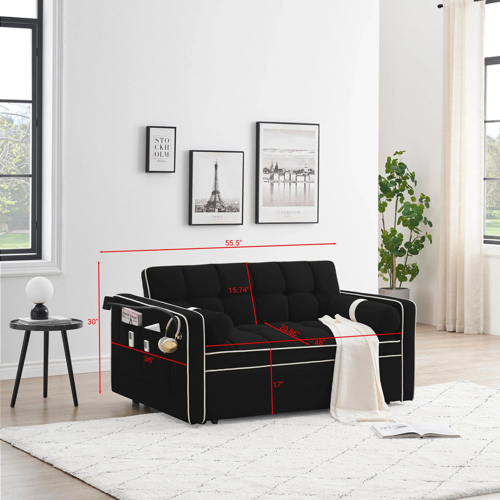 Divano letto trasformabile a 2 posti in velluto da 140 cm con letto estraibile, reclinabile, tasche laterali e supporto per telefono