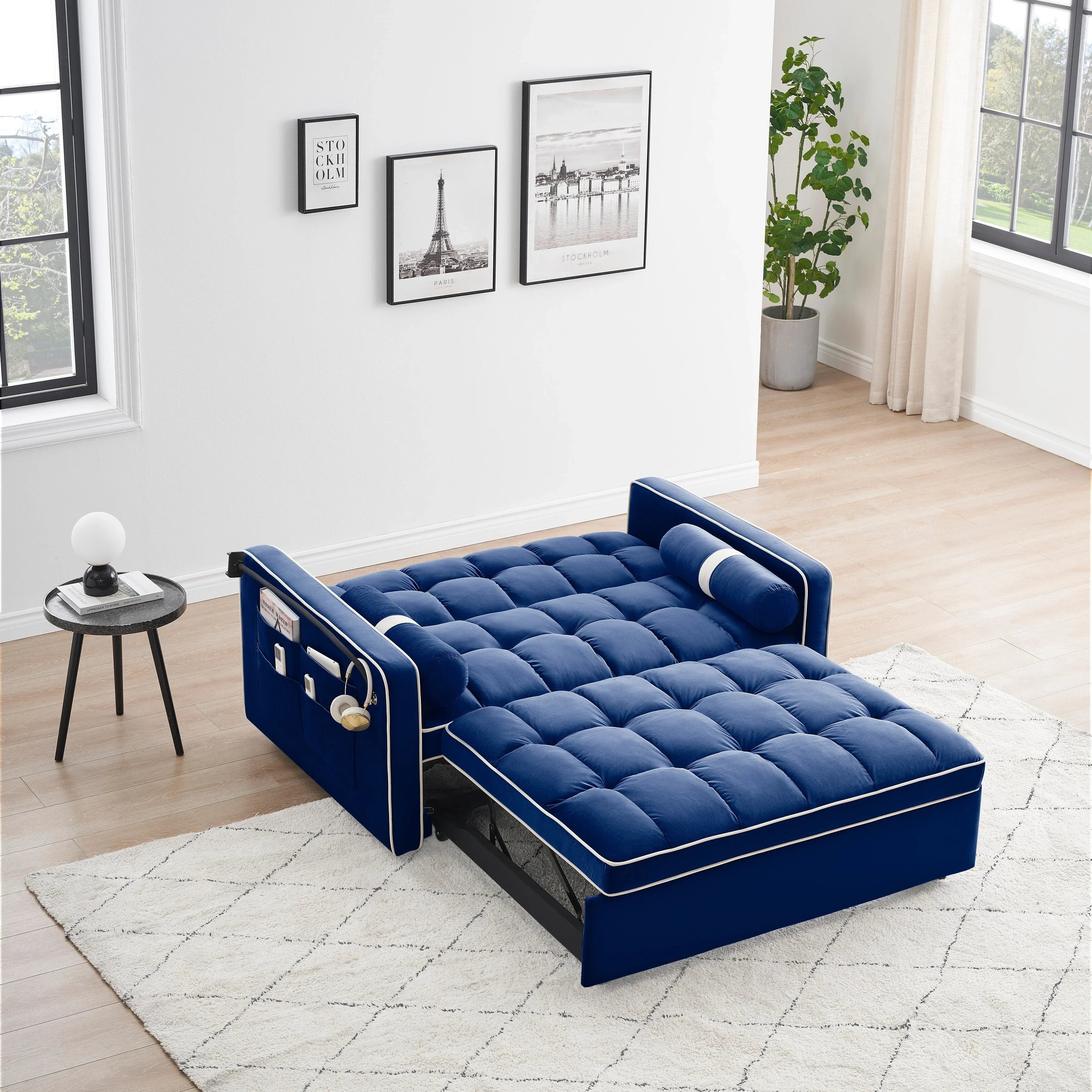 Divano letto trasformabile a 2 posti in velluto da 140 cm con letto estraibile, reclinabile, tasche laterali e supporto per telefono