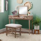 Cyndi Set Toeletta Tradizionale in Legno Lavato con Sgabello e Contenitore, Sedile Imbottito Beige - Linon