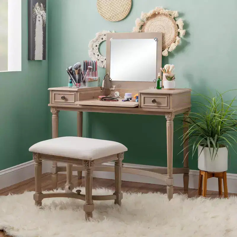 Cyndi Set Toeletta Tradizionale in Legno Lavato con Sgabello e Contenitore, Sedile Imbottito Beige - Linon