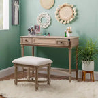 Cyndi Set Toeletta Tradizionale in Legno Lavato con Sgabello e Contenitore, Sedile Imbottito Beige - Linon