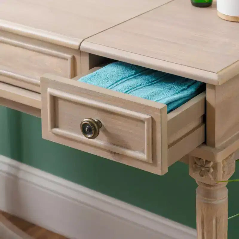 Cyndi Set Toeletta Tradizionale in Legno Lavato con Sgabello e Contenitore, Sedile Imbottito Beige - Linon