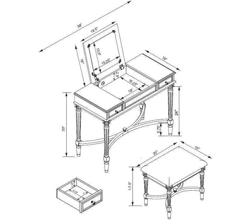 Cyndi Set Toeletta Tradizionale in Legno Lavato con Sgabello e Contenitore, Sedile Imbottito Beige - Linon