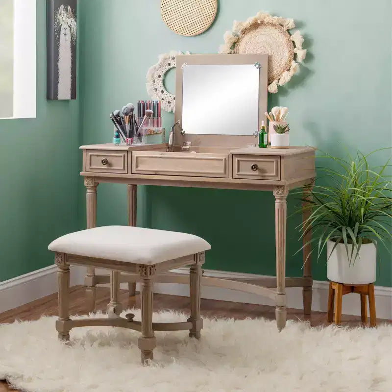 Cyndi Set Toeletta Tradizionale in Legno Lavato con Sgabello e Contenitore, Sedile Imbottito Beige - Linon