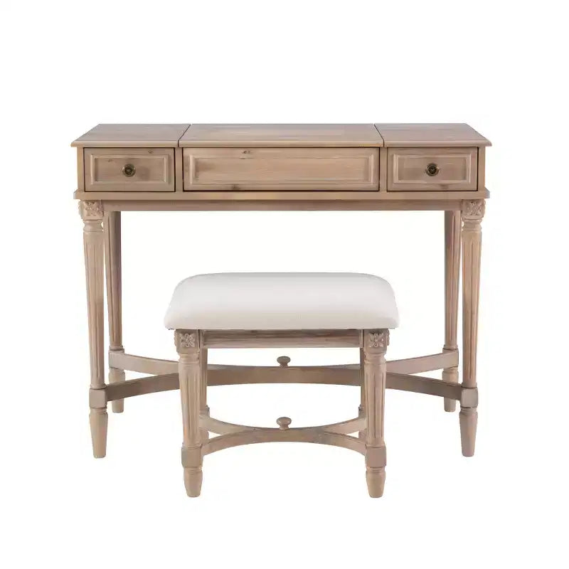 Cyndi Set Toeletta Tradizionale in Legno Lavato con Sgabello e Contenitore, Sedile Imbottito Beige - Linon