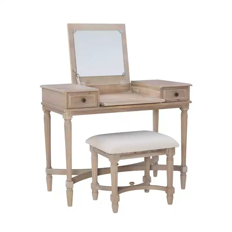 Cyndi Set Toeletta Tradizionale in Legno Lavato con Sgabello e Contenitore, Sedile Imbottito Beige - Linon