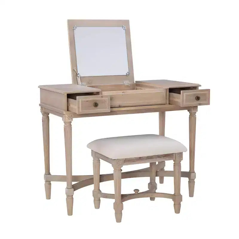 Cyndi Set Toeletta Tradizionale in Legno Lavato con Sgabello e Contenitore, Sedile Imbottito Beige - Linon