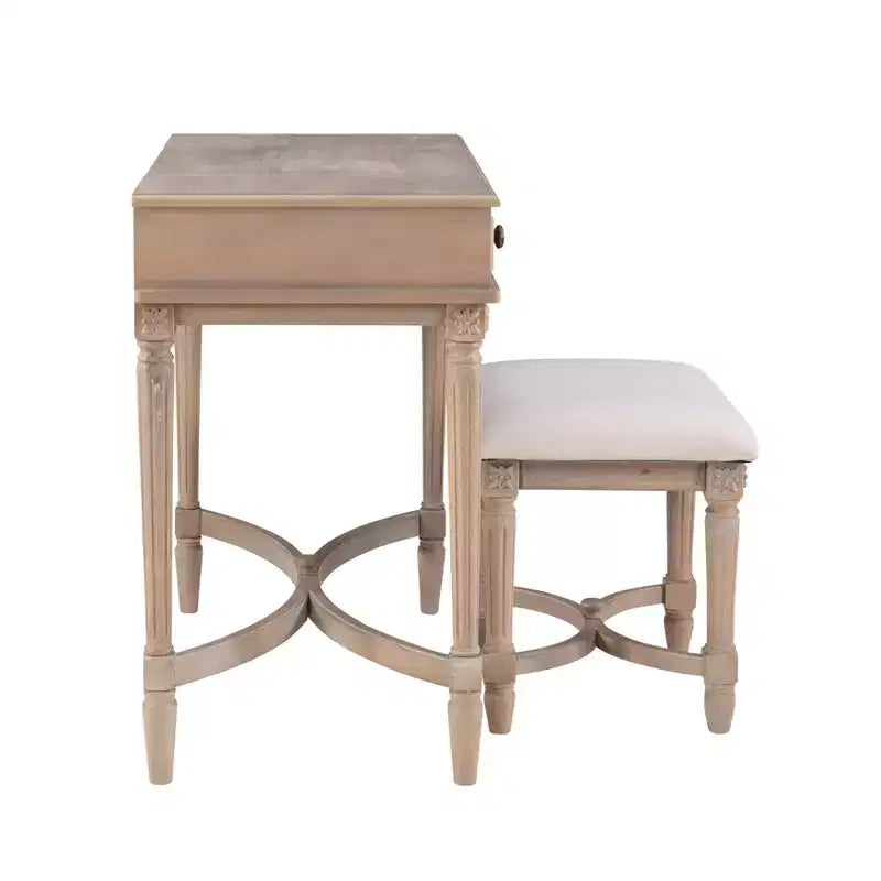 Cyndi Set Toeletta Tradizionale in Legno Lavato con Sgabello e Contenitore, Sedile Imbottito Beige - Linon