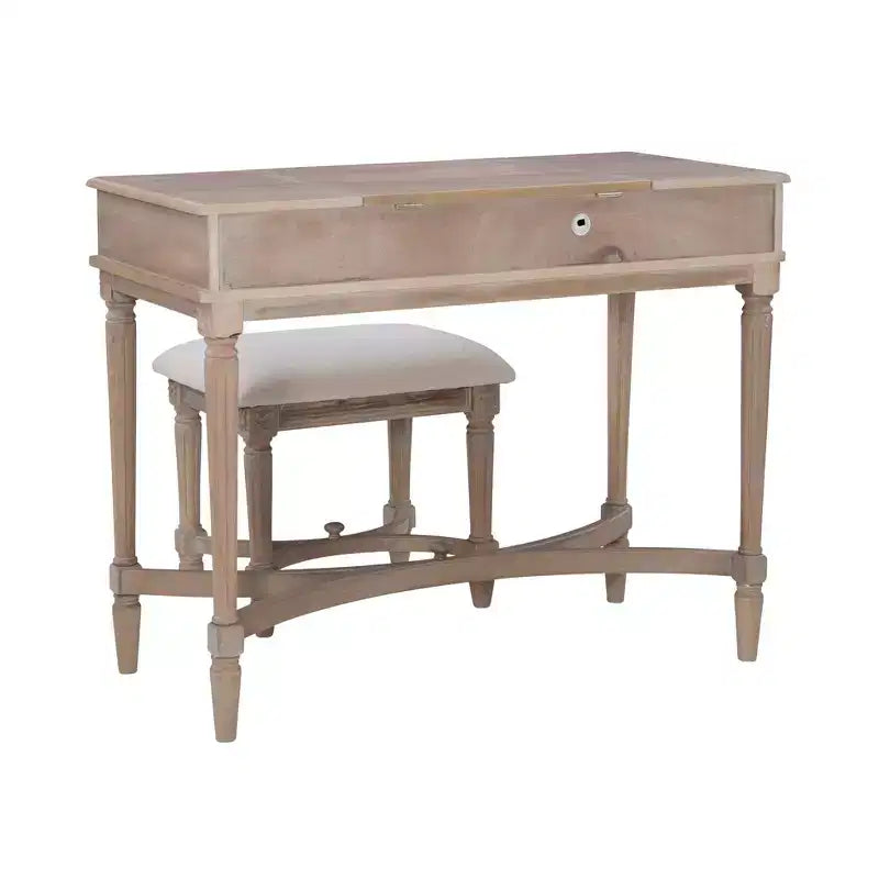 Cyndi Set Toeletta Tradizionale in Legno Lavato con Sgabello e Contenitore, Sedile Imbottito Beige - Linon