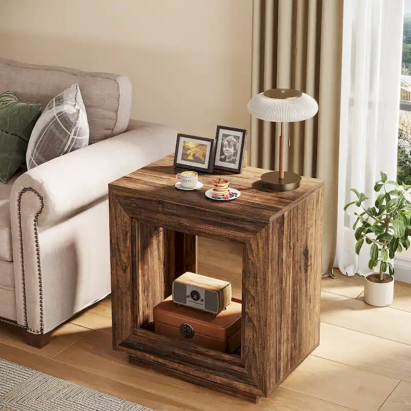 Tavolino in legno con contenitore, Comodini in noce per soggiorno, camera da letto