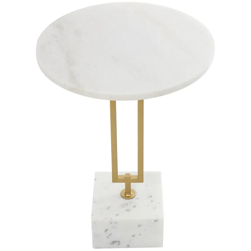 Marble Geometric Side End Accent Table with Gold Metal Rectangular Stand - White