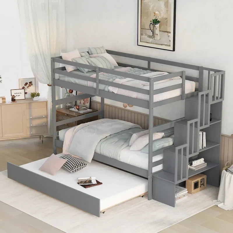 Letti a Castello Gemelli con Letto Estraibile e Scala con Contenitore Colore Grigio