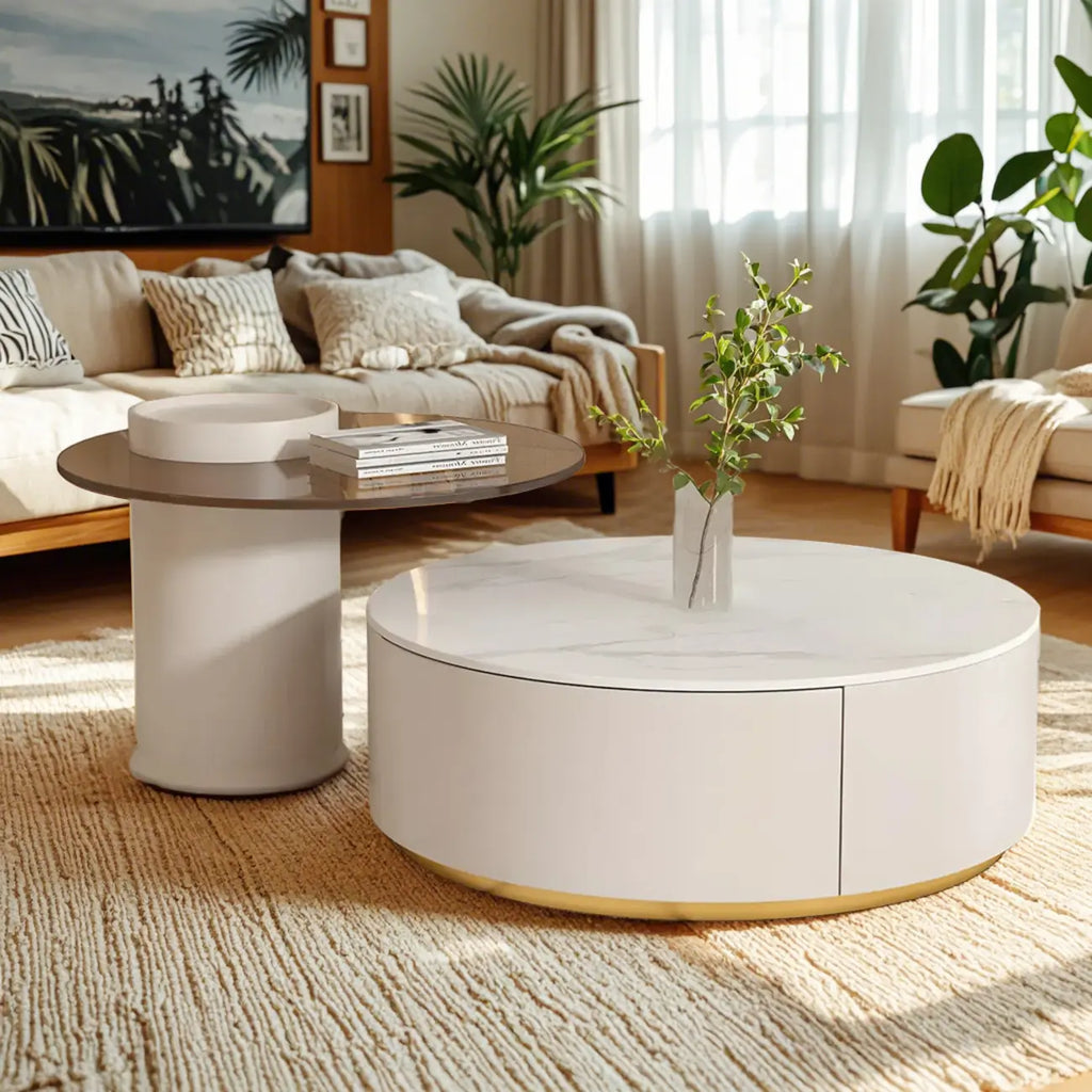 Tavolino da Caffè Rotondo Moderno Bianco in Legno con Cassetto a Tamburo