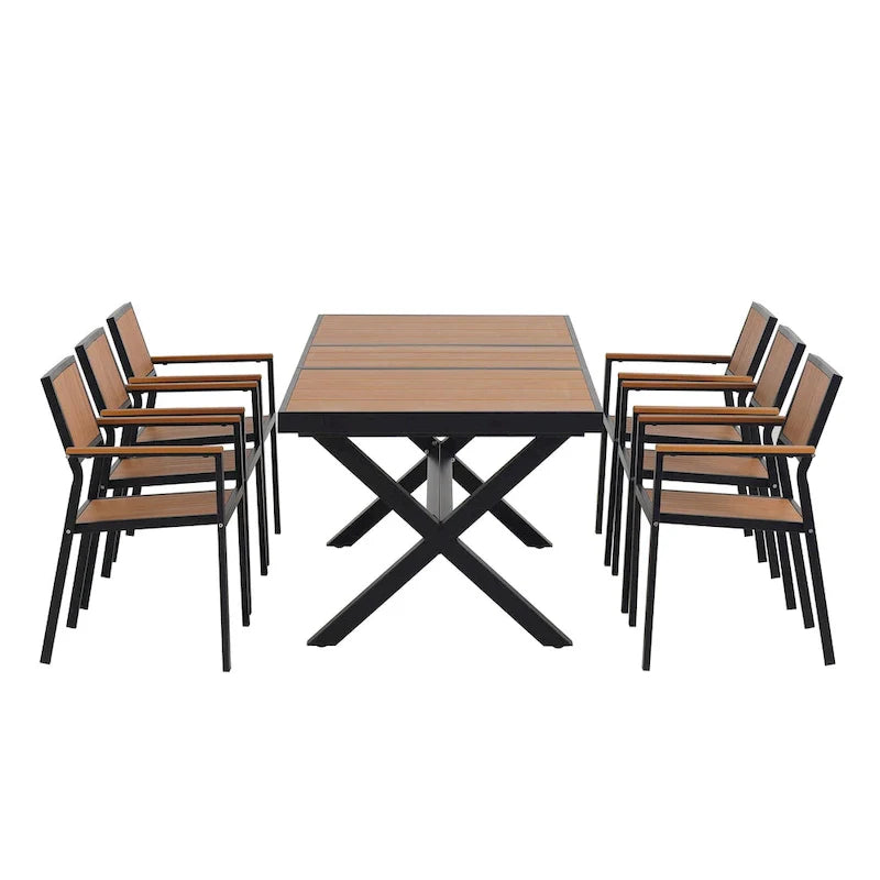 Set da pranzo all'aperto di 7 pezzi con tavolo allungabile e 6 sedie con braccioli