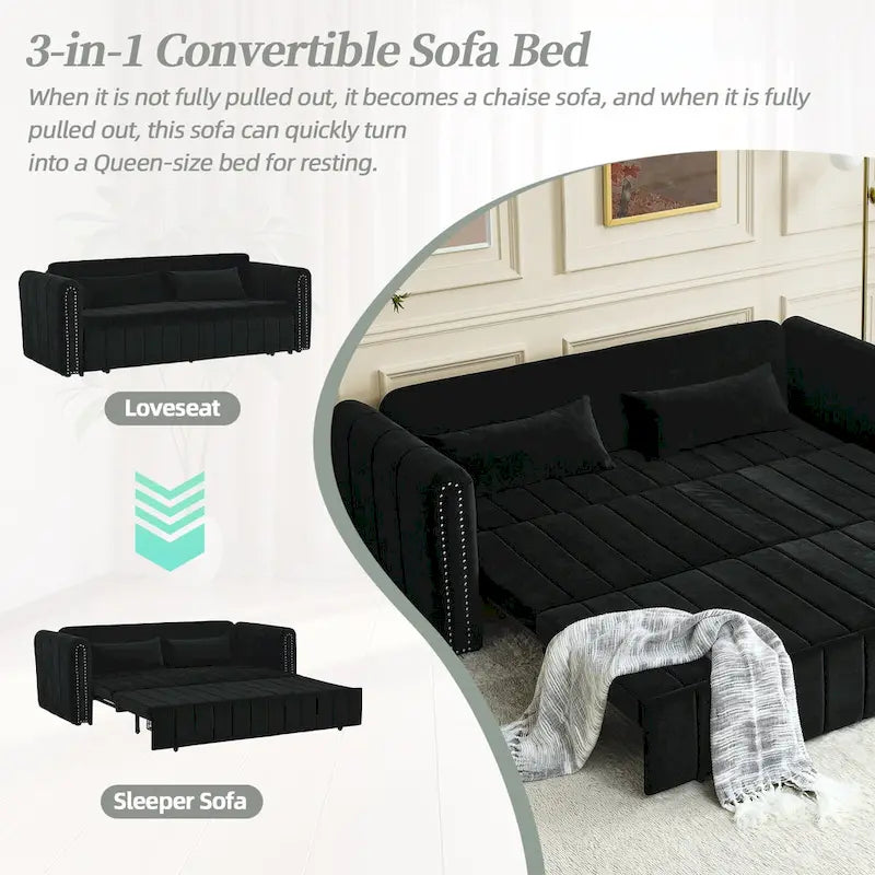 Divano letto moderno convertibile imbottito in velluto con braccioli arrotolati decorati con borchie in rame