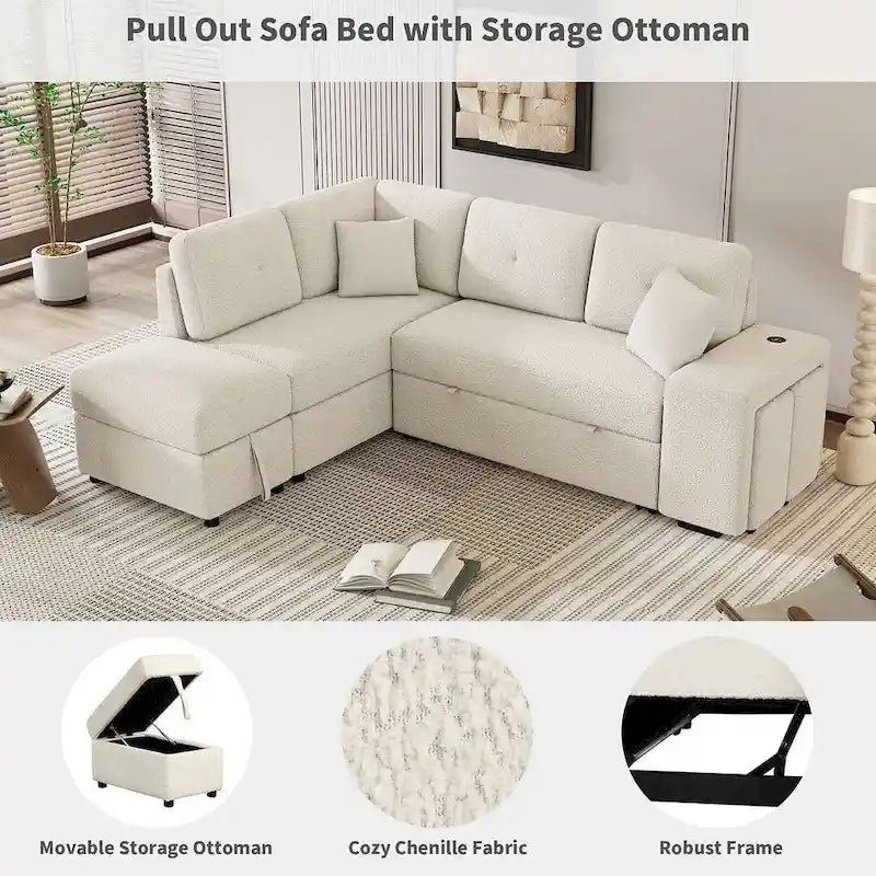Divano componibile con letto estraibile e pouf contenitore, divano letto convertibile per soggiorno