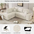 Divano componibile con letto estraibile e pouf contenitore, divano letto convertibile per soggiorno