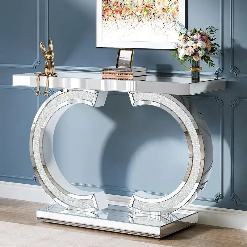Console da Tavolo Argentata, Tavolino d'Ingresso con Specchio da 99 cm per Ingresso