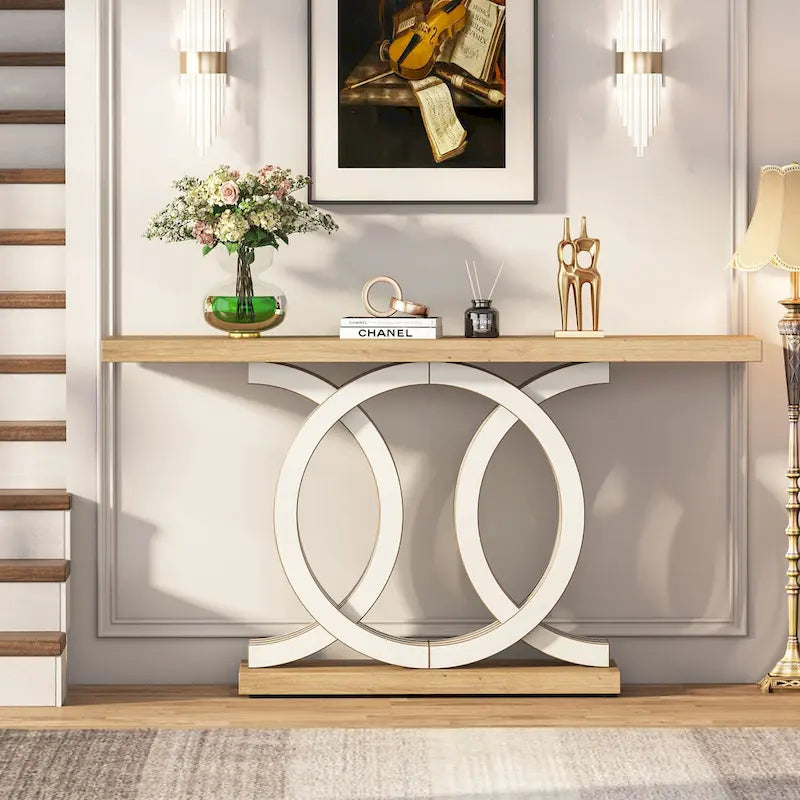 Consolle Vintage con Base Geometrica Tavolo da Ingresso in Legno