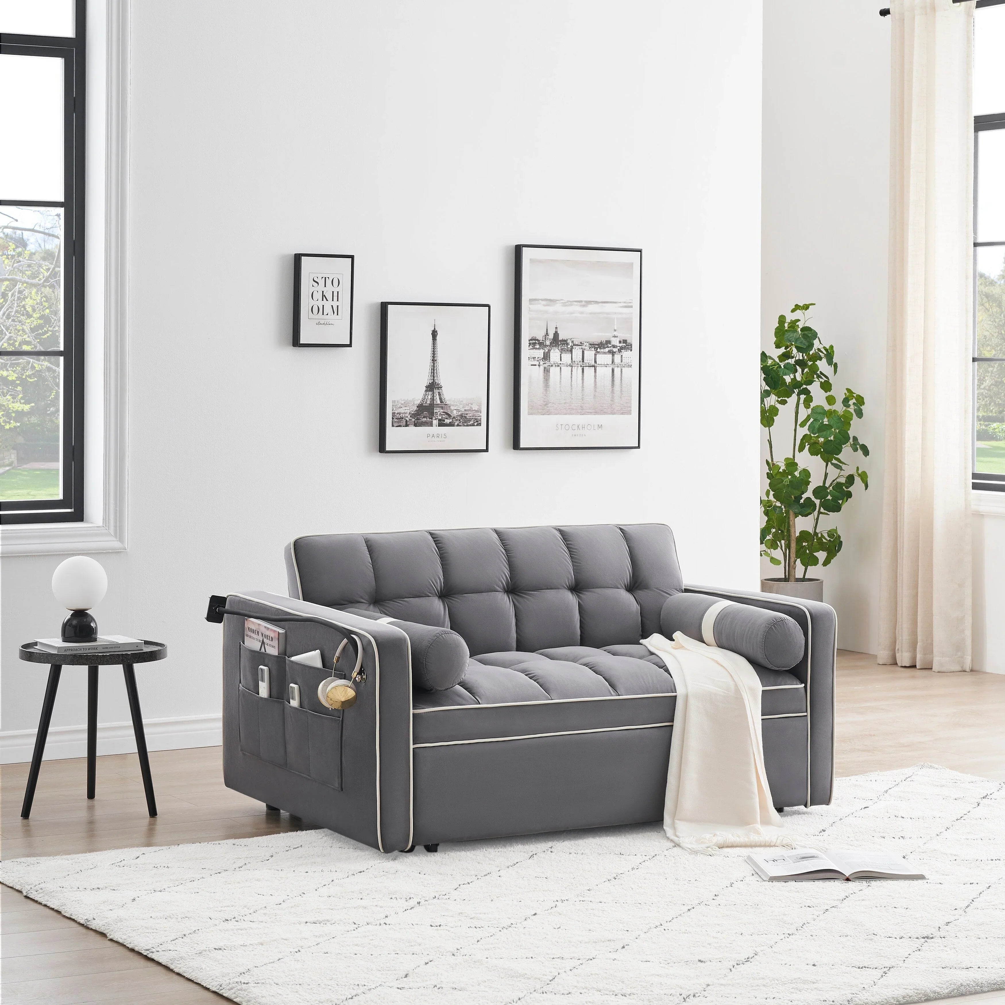 Divano letto trasformabile a 2 posti in velluto da 140 cm con letto estraibile, reclinabile, tasche laterali e supporto per telefono