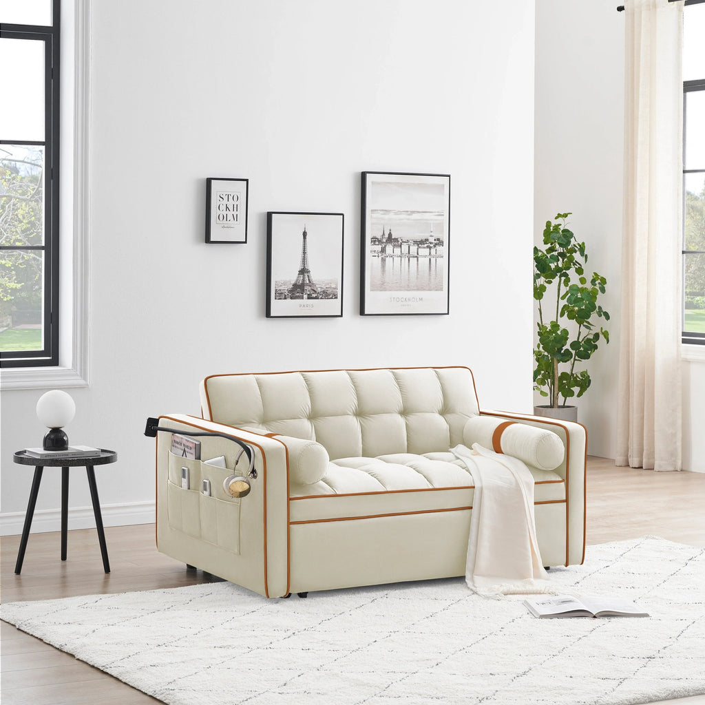 Divano letto trasformabile a 2 posti in velluto da 140 cm con letto estraibile, reclinabile, tasche laterali e supporto per telefono