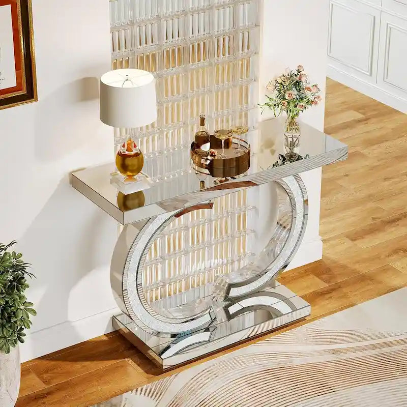 Console da Tavolo Argentata, Tavolino d'Ingresso con Specchio da 99 cm per Ingresso
