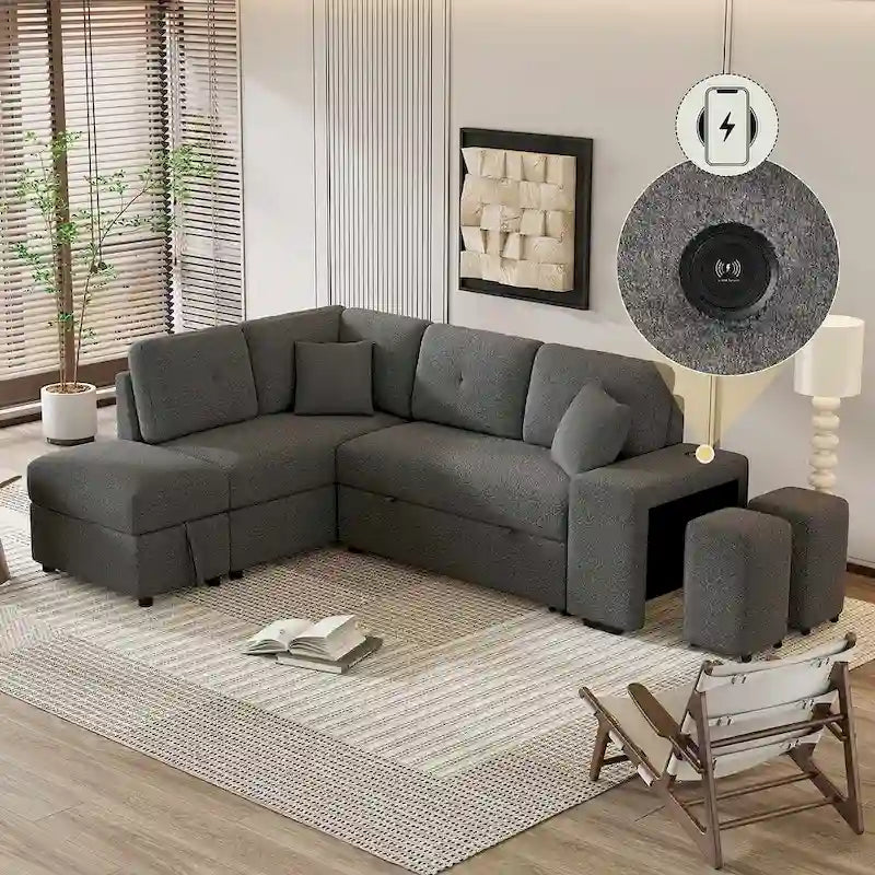 Divano componibile con letto estraibile e pouf contenitore, divano letto convertibile per soggiorno