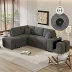 Divano componibile con letto estraibile e pouf contenitore, divano letto convertibile per soggiorno