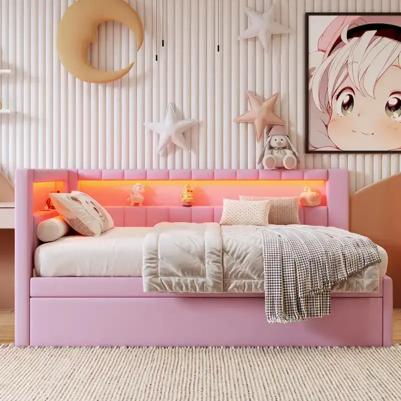Letto imbottito a piattaforma con porte USB e illuminazione a LED - Struttura letto matrimoniale/singola con 2 cassetti portaoggetti - Camera da letto moderna