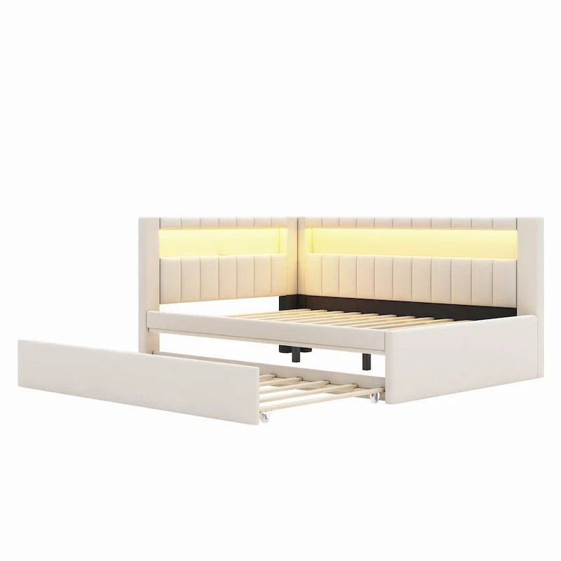 Letto imbottito a piattaforma con porte USB e illuminazione a LED - Struttura letto matrimoniale/singola con 2 cassetti portaoggetti - Camera da letto moderna