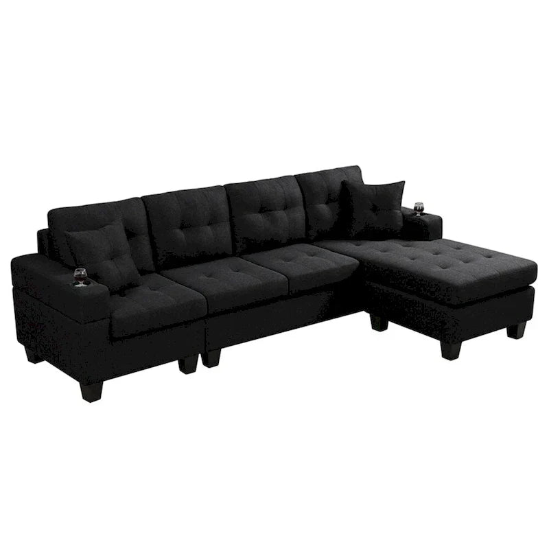 Divano componibile da soggiorno con chaise longue a L e portabicchieri