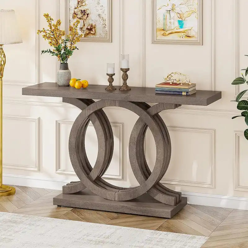 Consolle Vintage con Base Geometrica Tavolo da Ingresso in Legno