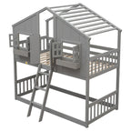 Letto a castello a casetta singolo su singolo con tetto, finestra, fioriera, porta, con sponde di sicurezza e scaletta, Grigio