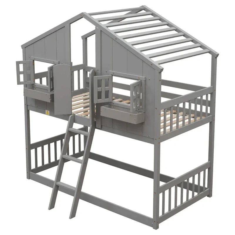 Letto a castello a casetta singolo su singolo con tetto, finestra, fioriera, porta, con sponde di sicurezza e scaletta, Grigio