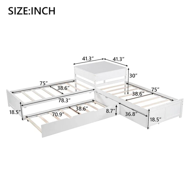 Letto a piattaforma a L moderno bianco per cameretta, dimensioni singole, con letto estraibile e cassetti