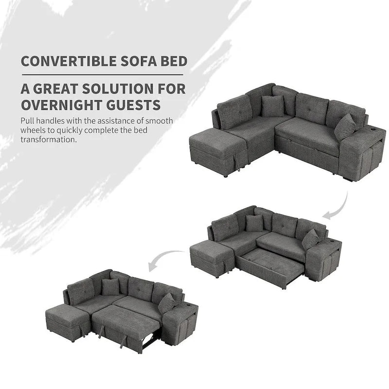 Divano componibile con letto estraibile e pouf contenitore, divano letto convertibile per soggiorno