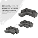 Divano componibile con letto estraibile e pouf contenitore, divano letto convertibile per soggiorno