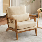 Poltrona d'accento rivestita in misto lino con gambe in legno e un cuscino, beige
