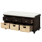 Panca rustica contenitore con 3 cassetti e 3 cesti in rattan, panca portascarpe per soggiorno, ingresso