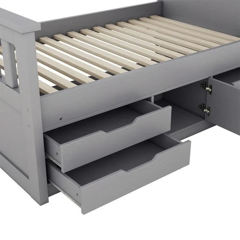 Letto a piattaforma Twin/Full Size Captain con 4 cassetti e mensole portaoggetti, struttura letto in legno massello con testiera libreria contenitore