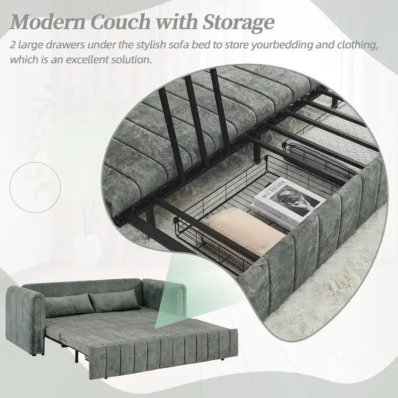 Divano letto moderno convertibile imbottito in velluto con braccioli arrotolati decorati con borchie in rame